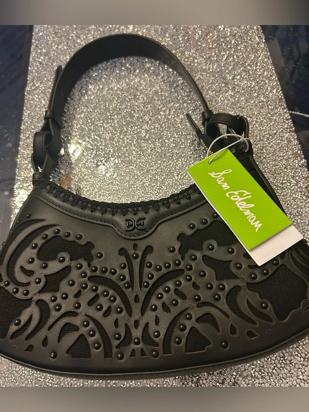 Sam Edelman Women's Black Willette Floral Dyecut Leather Shoulder Bag
